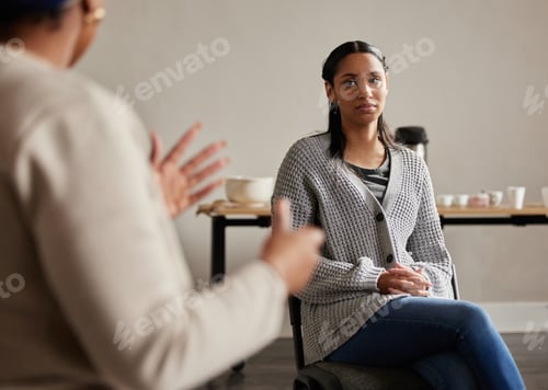 Preview: Mental health, black woman and group therapy with advice, sharing feeling and talking in trust sess