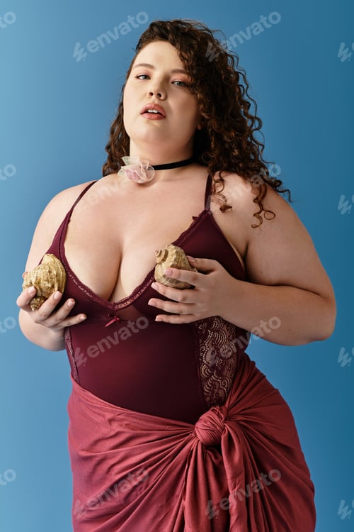 Preview: Stylish young woman in trendy outfit holds seashells against a bright blue backdrop