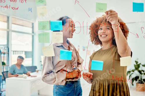 Preview: Board, teamwork or women brainstorming fashion design, planning or writing draft in small business.