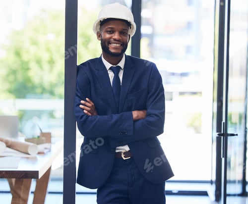 Preview: Architecture, engineering and portrait of black man in office standing with success, confidence and