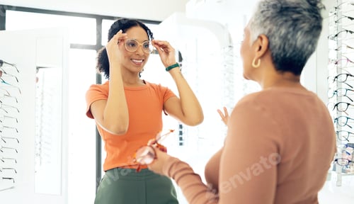 Preview: Optometry, customer with women and glasses choice in store, health and insurance with communication