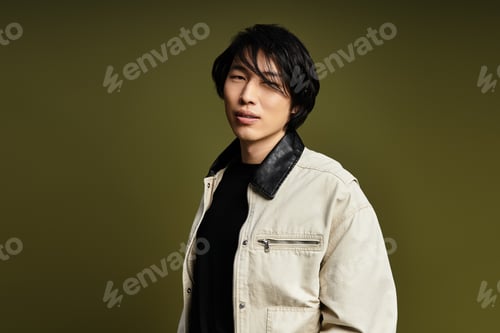 Preview: Stylish young man poses confidently in studio setting with creative backdrop