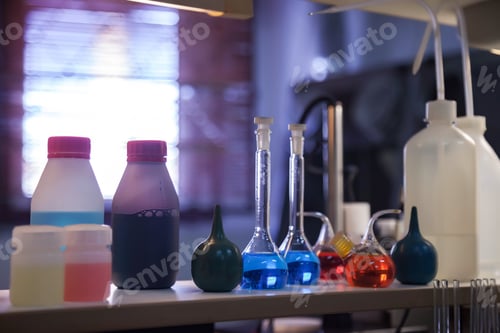 Preview: Group of flasks and test tubes in chemical laboratory