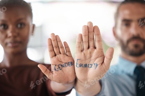 Preview: Hands, gender equality and unity with a sign message on the hand of a business man and woman in the