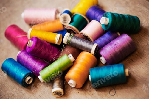 Preview: Bobbins of wound thread, silks and cottons in bright colours.