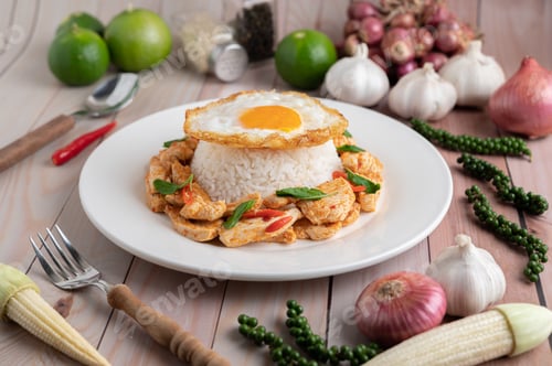 Preview: Stir Fried Chili Paste Chicken with Rice Fried eggs in white plate.