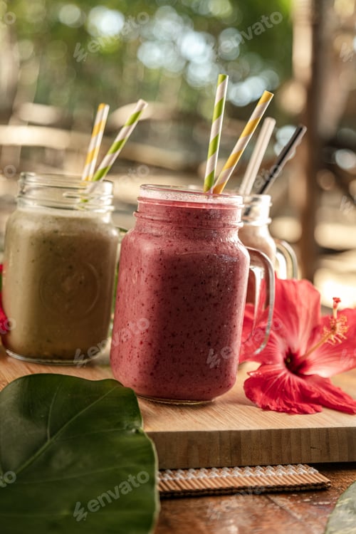 Preview: Closeup of different flavored smoothies: kiwi, strawberry