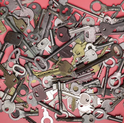 Preview: Keys set on pink background. Door lock keys and safes for proper