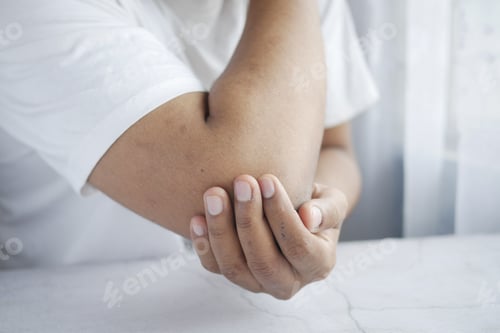 Preview: man with elbow pain, Pain relief concept.