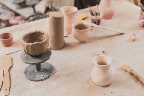 Preview: high angle view of sculpted clay bowl on wooden table in pottery