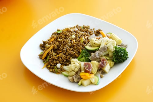 Preview: Shot of a plate with delicious rice veggies and Chinese noodles isolated on a yellow background