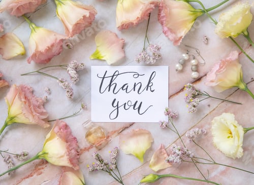 Preview: Card with the text THANK YOU surrounded by pink flowers