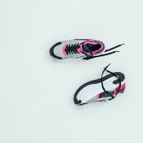 Preview: top view of pair of sneakers for fitness isolated on grey