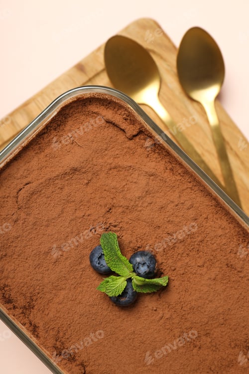 Preview: Concept of sweet food, Tiramisu cake, top view