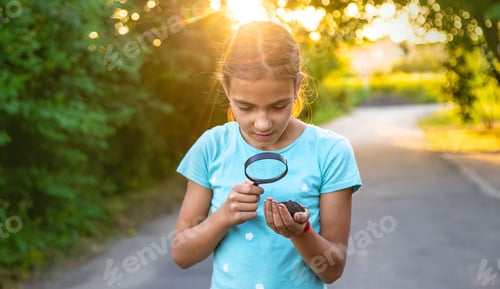 Preview: The child looks at the soil in his hands with a magnifying glass. Selective focus.