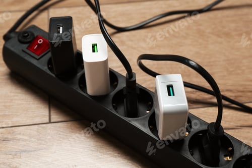 Preview: Extension power board overloaded with plugs on wooden floor, closeup
