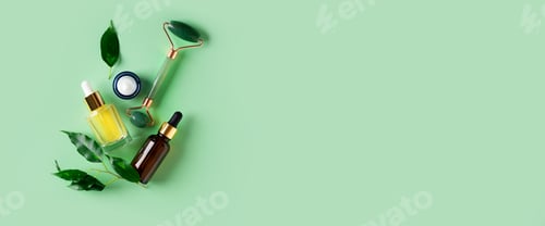 Preview: Set of cosmetic with bottle and tube cream, beauty and wellness concept,