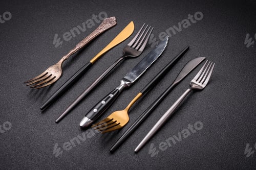 Preview: Kitchen knife and fork made of steel with copy space