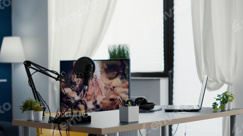 Preview: Empty streaming studio booth with modern professional audio equipment