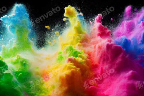 Preview: Multicolor splash of particles. Festival of colours. Powder burst isolated on back background. Paint