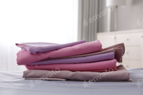 Preview: Clean color folded linens on bed indoors