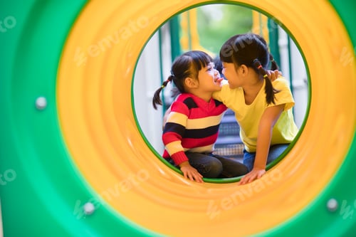 Preview: Cute little girls siblings having fun on playground outdoors on sunny summer day