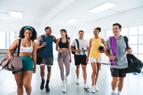 Preview: Group of athletes leaving gym after functional training workout