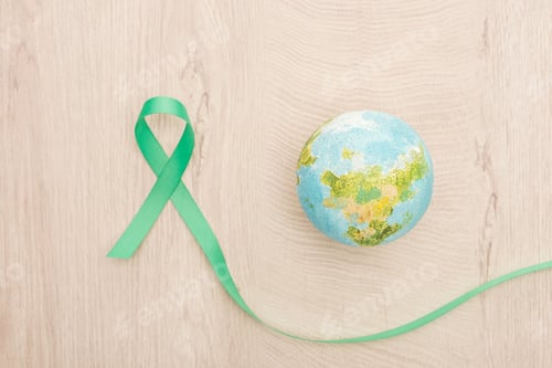 Preview: top view of bright toy earth and green ribbon on wooden background