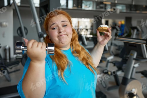 Preview: Portrait of comic overweight woman holding dumbbell and donut