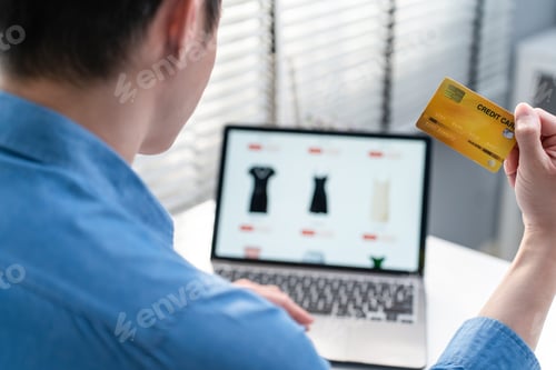 Preview: Asian active man use laptop computer for shopping product sell online.