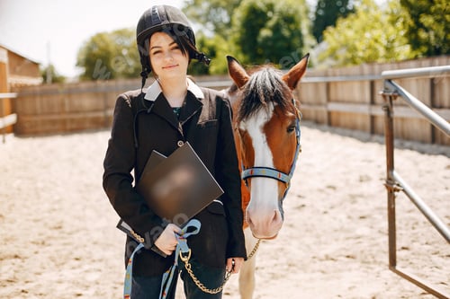 Preview: Beautiful woman standing with a horse