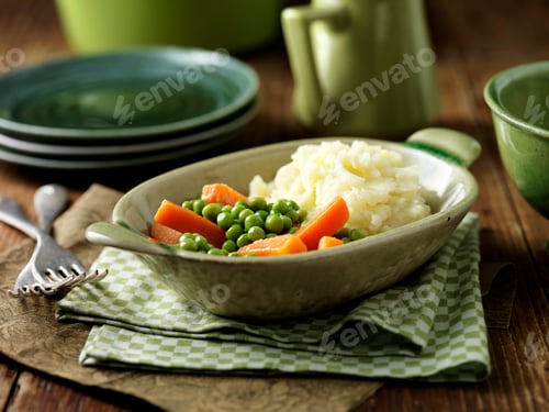 Preview: Maris Piper mashed potatoes, peas and carrots