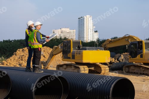 Preview: Two construction engineers in safety gear stand on large drainage pipes