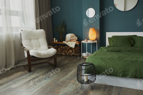 Preview: bedroom interior decorated with Christmas cozy decor and a Christmas tree.