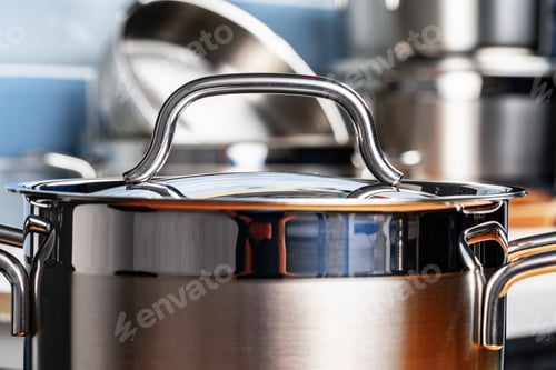 Preview: Set of aluminum cookware on kitchen counter