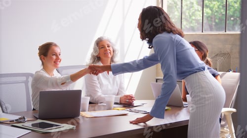 Preview: Female Business Team Shaking Hands Meeting Around Table In Modern Office