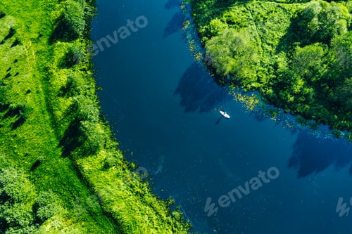Preview: Aerial drone view of man stand up paddle SUP board in blue river. Recreational water sport, SUP tour