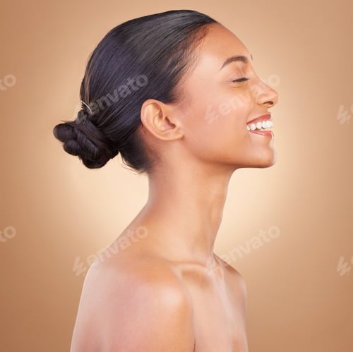 Preview: Face, beauty and profile of Indian woman with smile for wellness, healthy skin and facial treatment