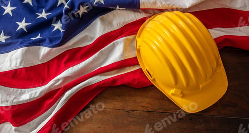 Preview: Labor day. Construction helmet and USA Flag on wood, top view. Holiday celebration