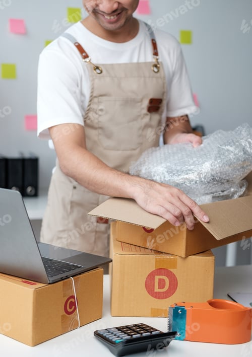 Preview: Starting small businesses SME owners male entrepreneurs working on receipt box and check online