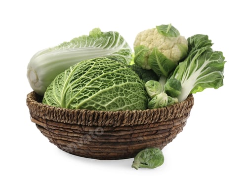 Preview: Wicker bowl with different types of fresh cabbage on white background