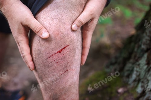 Preview: Abraded leg of a man after a fall on a forest trail.