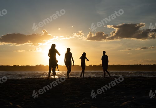 Preview: Silhouette of Family Playing on the Beach at Sunset