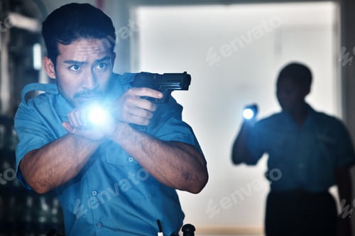 Preview: Torch, police and man with gun for investigation, inspection and property search at night. Surveill