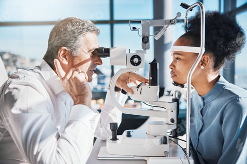 Preview: Eye doctor, hand or black woman consulting for help with eyesight at optometrist or ophthalmologist