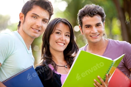Preview: Group Of Students With Notebooks Smiling Outdoors