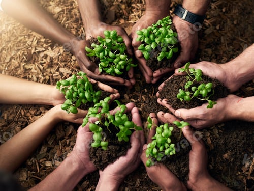 Preview: Cropped shot of a group of people holding plants growing out of soil