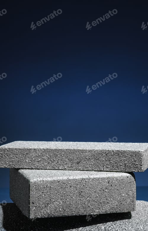 Preview: Stone block pedestal stage product display background on navy color.zen like backdrop