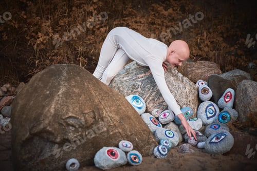 Preview: Young hairless girl with alopecia in white futuristic costume looking at surreal lot of rocks eyes