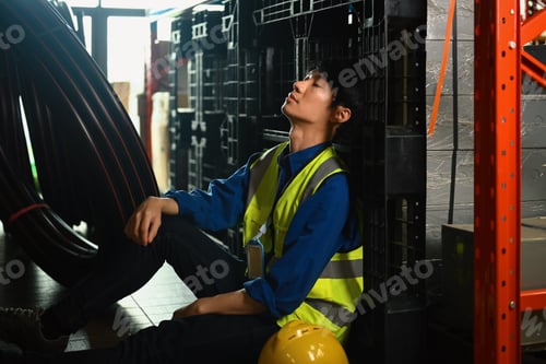 Preview: Tired male warehouse worker leaning against rack, taking break and using mobile phone